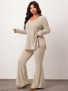 Enliva Plus Size Casual Home 2 Pieces Set: Minimalist Cold Shoulder Ribbed Design, Suitable For Autumn/Winter Wear, Flattering For Curvy Figures - Apricot - View 7
