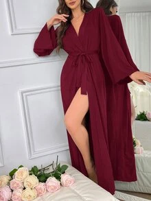 SHEIN 女款長袖寬鬆休閒居家睡袍 - 酒紅色 - 查看 6