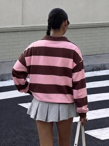 Muchica 女款休閒寬鬆 Polo 領運動衫，條紋拼接撞色街頭風衛衣 - 彩色 - 查看 2