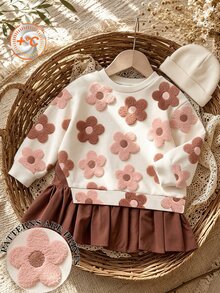 4-7 Years Old Girls Cute Faux Fur Flower Pattern 2-In-1 Long Sleeve Dress, Solid Color Hem, Cute Style, Preppy Style Dress - Multicolor - View 3