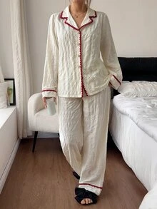 Napfluff Romantic Fresh Contrast Color Machine Embroidered Lace Trim Turn-Down Collar Coconut Button Long Sleeve Long Pants Women's Loungewear Set - Apricot - View 3