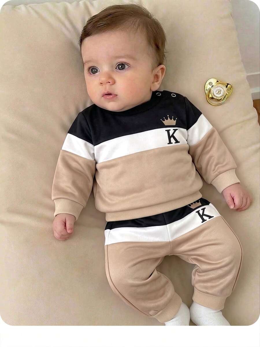 SHEIN Newborn Baby Letter Print Long Sleeve Top And Pants Set - Khaki - View 1