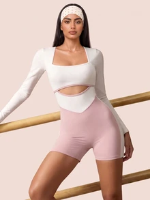 SHEIN BAE بدلة رياضية نسائية بياقة مربعة وأكمام طويلة عصرية - أبيض - مشاهدة 2