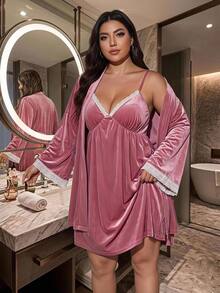 SHEIN CURVE+ Women's Plus Size 22W 2 Pieces Set, Autumn/Winter Velvet Cardigan + Dress - Dusty Pink - View 1