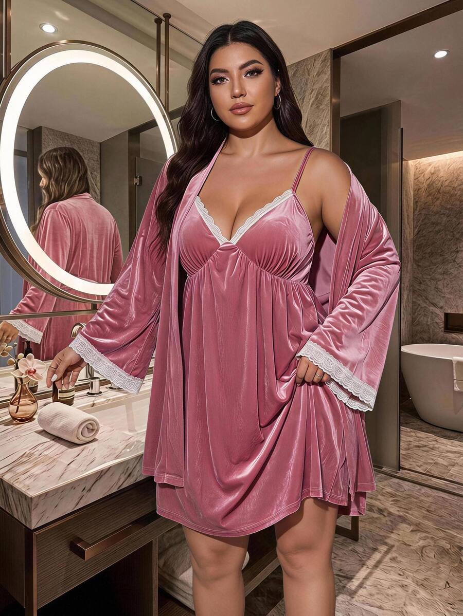 SHEIN CURVE+ Women's Plus Size 22W 2 Pieces Set, Autumn/Winter Velvet Cardigan + Dress - Dusty Pink - View 1