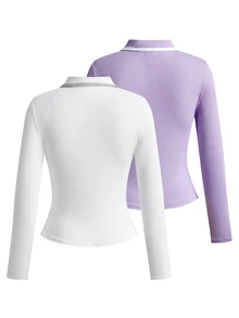 SHEIN Velisys قميص بولو رياضي نسائي بلون موحد بسحاب 1/4 وأكمام طويلة ضيق - متعدد الألوان - مشاهدة 2