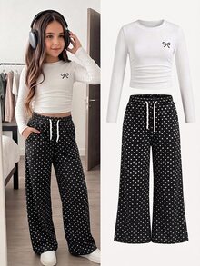 SHEIN 青少年女孩 T-shirt - 青少年女孩針織長袖 T-shirt 白色黑色波點長褲休閒可愛 2 件套裝校園秋季 - 黑與白 - 查看 2