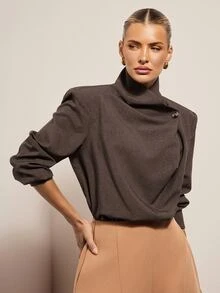 Hauture Vintage Brown Asymmetric Stand Collar Pleated Long Sleeve Blouse, Elegant Commute Loose Textured Top - Brown - View 4
