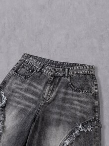 Manfinity Denimwave 男士毛邊下擺口袋休閒寬腿牛仔褲 - 深灰色 - 查看 5