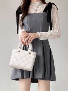 FRIFUL Women's Autumn Colorblock Spaghetti Strap Tie Bow Pleated Short Dress - Grey - View 1