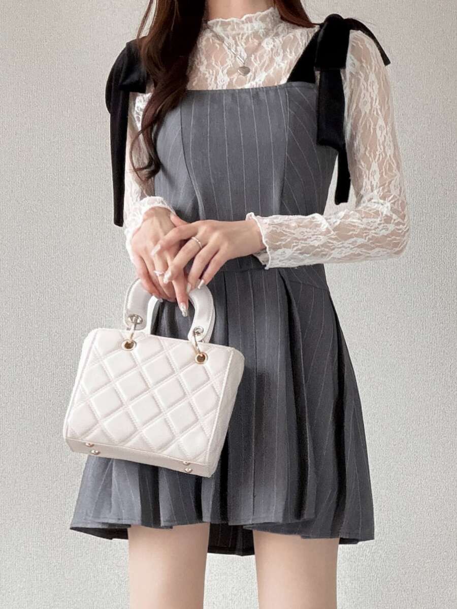 FRIFUL Women's Autumn Colorblock Spaghetti Strap Tie Bow Pleated Short Dress - Grey - View 1