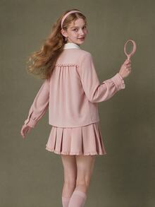 Elnivra Women's Ruffle Button Sweet Blouse And Pleated Mini Skirt 2 Pieces Set - Pink - View 2