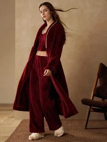 MOTF PREMIUM WOMEN'S FAUX PEARL DECOR CASUAL DAILY HOME SLEEPWEAR - Burgundy - View 4
