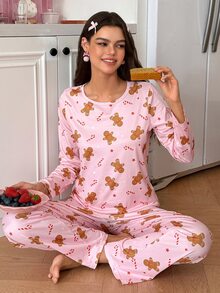 SweetSlumber Women's Christmas Gingerbread Man Candy Print Knit Crew Neck Long Sleeve Pants Pajama Set - Multicolor - View 4
