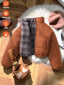 Girls' Winter Padded Coat, Brown With Brown Plaid Lining, Reversible, Suitable For Parties, Gatherings And Daily Commute - Brown - View 1