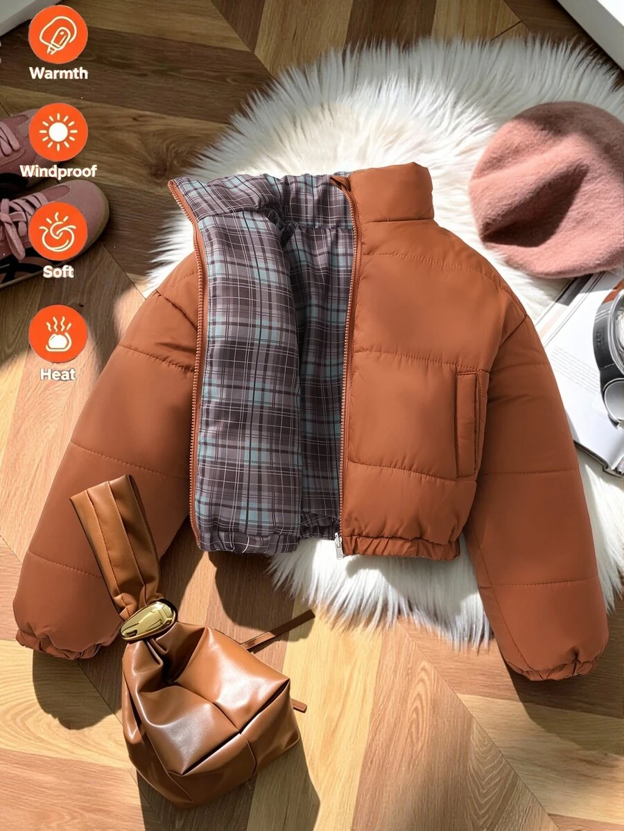 Girls' Winter Padded Coat, Brown With Brown Plaid Lining, Reversible, Suitable For Parties, Gatherings And Daily Commute - Brown - View 1