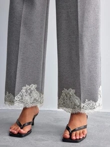Willow Rêve Women's Gray Wool Blend Loose Straight Leg Pants With Lace Hem - Grey - View 4