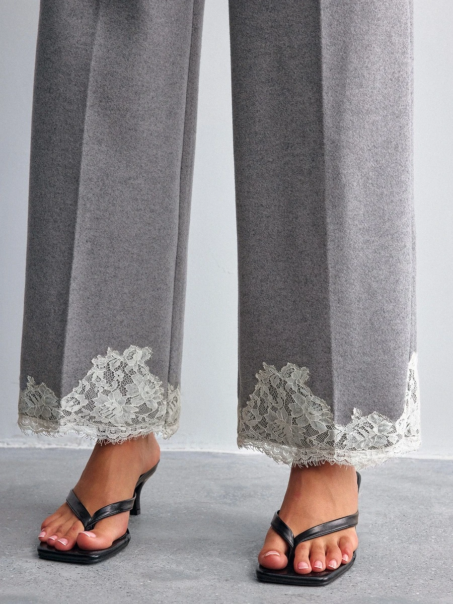 Willow Rêve Women's Gray Wool Blend Loose Straight Leg Pants With Lace Hem - Grey - View 1
