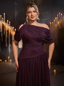 Glamrae Plus Size Elegant Romantic Asymmetrical Shoulder Ruched Sleeve Korean Style Full Skirt Evening Dress For Wedding, Single Party, Vacation, Holiday, Gathering, Music Festival, Graduation Season, Dinner - Red Violet - View 4