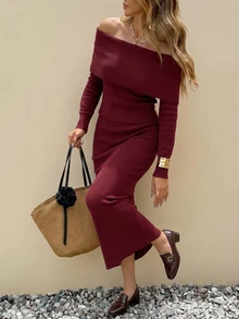 Strévra Women's 2pcs Set: Burgundy Round Neck Long Sleeve Knit Sweater & High Waist Slim Fit Ribbed Knit Pants, Autumn/Winter - Burgundy - View 2