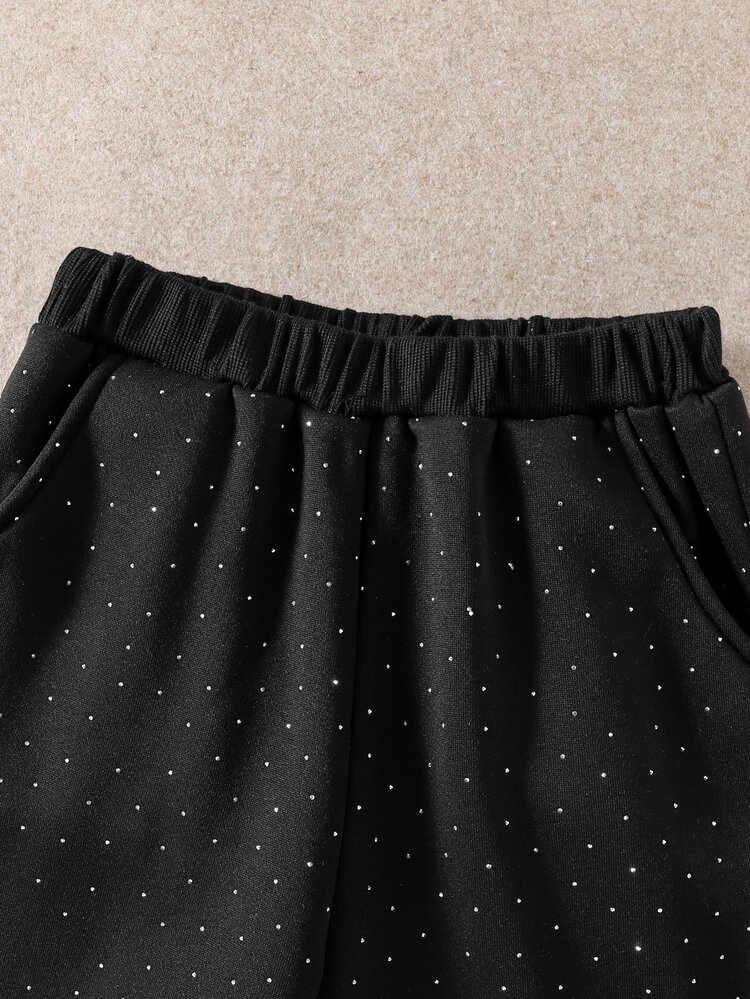 SHEIN Tween Girl Shiny Rhinestone Embellished Straight Leg Wide Leg Sweatpants Street Style Loose Fit Elastic Waist Autumn Winter School Halloween Christmas - Black - View 5