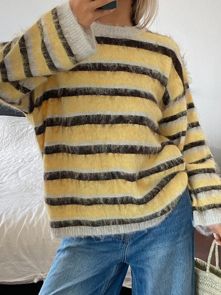 Livesso Women's Fall Dark Yellow Round Neck Long Sleeve Cable Knit Slim Fit Ribbed Casual French Streetwear Sweater Everyday Travel - Yellow - View 1