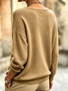 LUMIGAL Sweater Rajut Kancing Lengan Panjang Leher V Wanita - Khaki - View 2