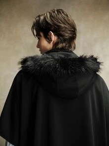 ROMWE MEN Men's Solid Color Zipper Front Pocket Patchwork Fur Hooded Cape Jacket - Black - View 4