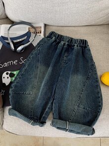 DAZY Young Boy Elastic Waistband 3D Stitching Casual Fashion Loose Fit Denim Jeans - Dark Wash - View 2