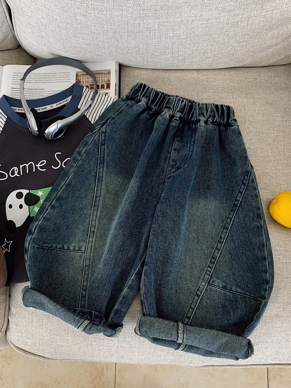 Young Boy Elastic Waistband 3D Stitching Casual Fashion Loose Fit Denim Jeans