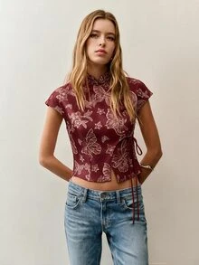 Nöista Women's New Chinese Style Short Top With Slanted Collar And Stand-Up Collar - Burgundy - View 5