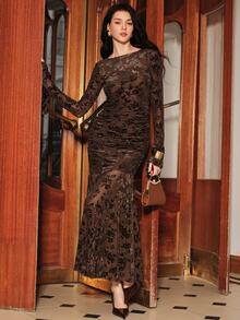 Anewsta Women's Elegant Autumn/Winter Mesh Bottom Flocked Rose Long Sleeve Mermaid Dress - Dark Brown - View 3
