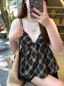 Bijouette 大尺碼女款夏季時尚休閒優雅浪漫極簡度假格紋兩件套，白色針織圓領短袖上衣與格紋V領細肩帶上衣，大尺碼女款兩件套，白色女款兩件套與藍色女款兩件套，限量版櫻花季末班車 - 黃色 - 查看 4