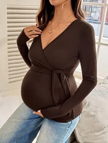 SHEIN 孕婦純色側結休閒哺乳上衣 - 咖啡棕 - 查看 5