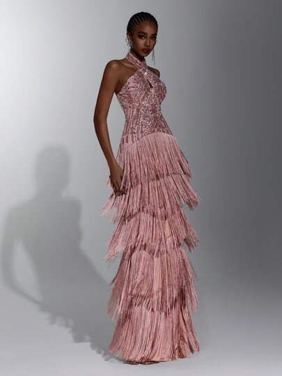 Elitara Elegant Romantic Fashionable Dignified Pink Sequin Fabric Satin Patchwork Halter Neck Tassel Decor A-Line Elegant Party Dress Wedding Guest Dress Bachelorette Party Dress Formal Evening Gown