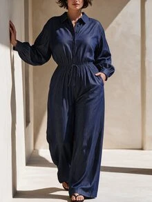Linhara CURVE Plus Size Women's Autumn Soft Denim Effect Lapel Jumpsuit With Front Opening, Loose Draped Bottom, Minimalist Commuter Style - Navy Blue - View 4