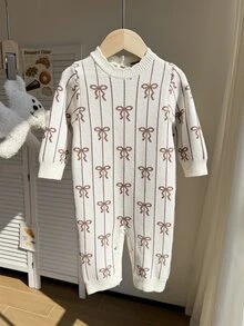 1件嬰兒幼兒女寶寶時尚蝴蝶結條紋針織長袖柔軟加厚連身衣連帽套衫 聖誕套裝 秋冬款 - 彩色 - 查看 5
