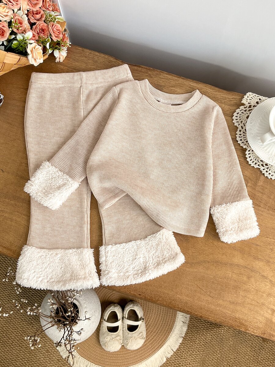 SHEIN 2pcs Toddler Girl Top + Pants Set Cute Sweet Beige Ribbed Knit Fuzzy Cuffs Long Sleeve Round Neck Thick Holiday Winter Fall Solid - Apricot - View 1