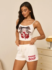 Betty Boop x SHEIN Women's Leopard Print Bow Cami Top And Shorts Pajama Set - White - View 4