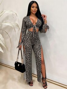 INAWLY Women's Leopard Print Deep V-Neck Front Tie Slit Long Sleeve Cropped Top And Slit Long Pants Sexy Two Pieces Set - Brown - View 5