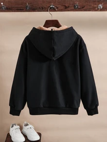SHEIN 兒童青少年男孩休閒保暖內裡加厚寬鬆連帽外套，冬季外套，男孩服飾，基礎上衣，適合秋冬季節，校園穿著 - 彩色 - 查看 3