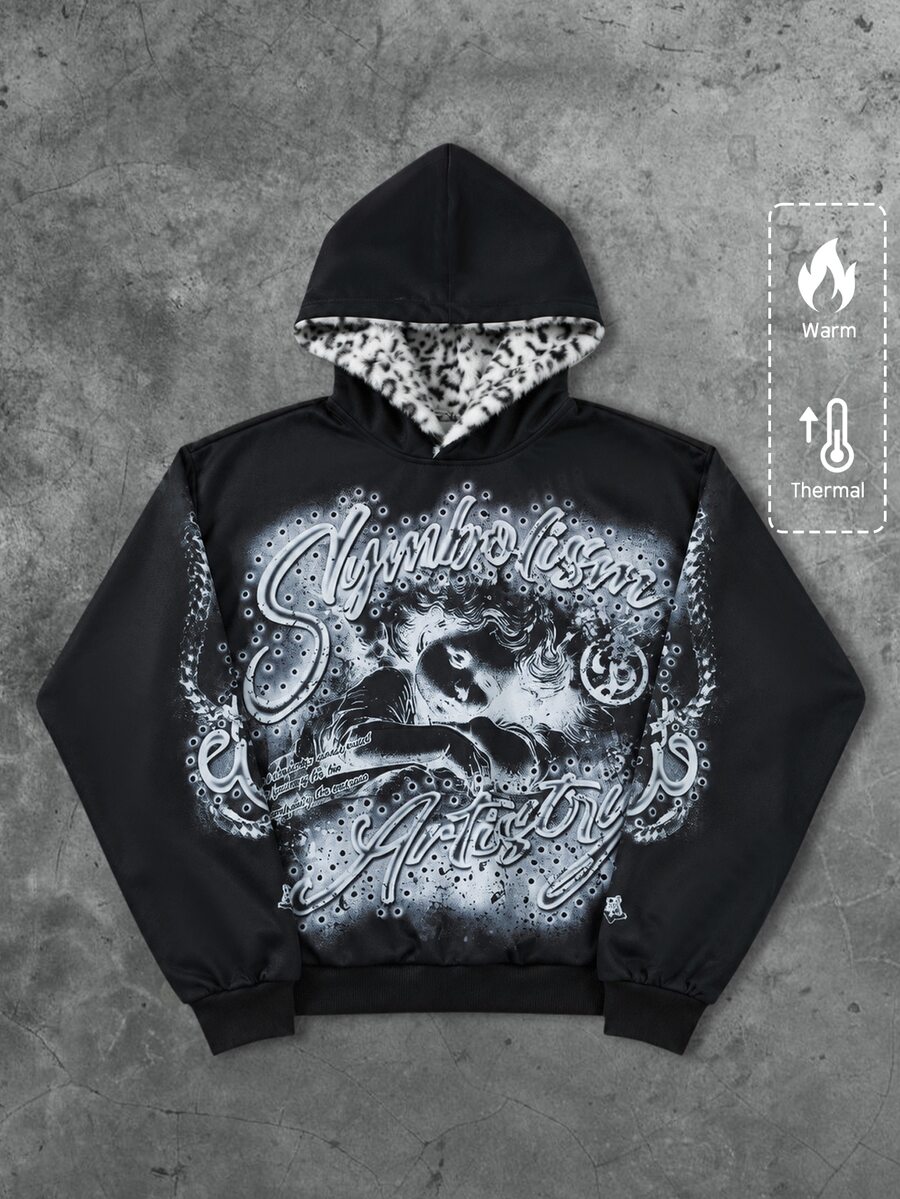 ROMWE MEN Men's Printed Pattern Loose Hoodie, Street Vintage - Black - View 1