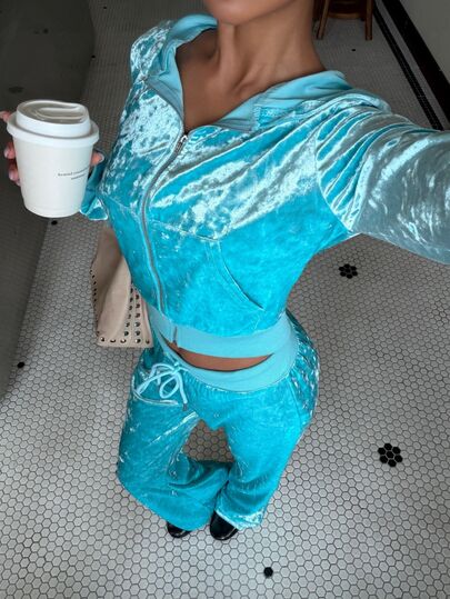 Muchica Women's Dopamine Green Knitted Velvet Fitted Open Front Sweatshirt & Flare Pants Set For Going Out, Streetwear, Y2K,Fall Clothes For Women