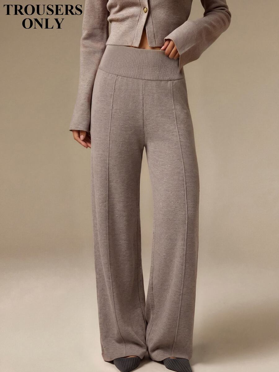COSMINA Women's Knitted Wide Waist Straight Leg Pants, Casual Daily Wear, Mocha Color, Autumn/Winter - Khaki - View 1