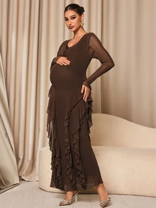 MaterniChic Maternity Solid Color Ruffle Hem Casual Party Dress - Coffee - View 4