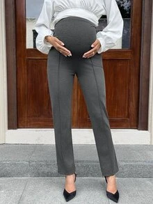 MaterniWear Maternity Solid Color Adjustable Waist Casual Everyday Long Pants - Grey - View 4