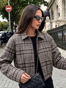 青少年女孩格紋拉鍊外套，可愛復古翻領短版格紋外套，休閒秋冬外套 - 彩色 - 查看 1