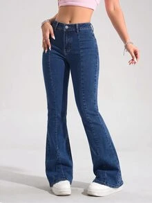 SHEIN PETITE 女款極簡日常時尚牛仔喇叭褲 - 深色水洗藍 - 查看 4
