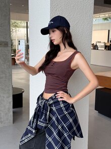 K-Vae American Retro Striped Fitted Square Neck Tank Top - Brown - View 5