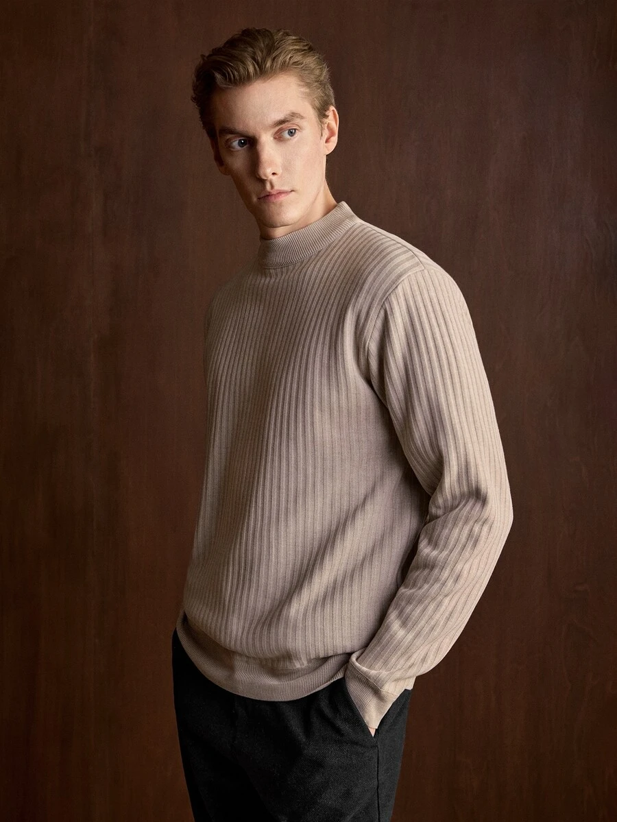 Manfinity CityGents Men's Thermal Lined Knitted Pullover Sweater Solid Color Mock Neck - Beige - View 1